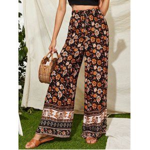 Tie Front Floral Print Wide Leg Pants.